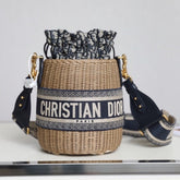 BUCKET BAG 19 IN BLACK OBLIQUE JACQUARD AND BEIGE WICKER