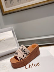 WOODY WEDGE IN BEIGE DENIM WITH BLACK LOGO