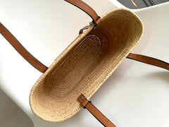 LOEWE 25S BASKET BAG 30 IN NATURAL MIX BROWN RAFFIA CALFSKIN SHOULDER STRAP