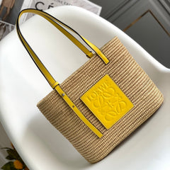 LOEWE 25S BASKET BAG 30 IN NATURAL MIX YELLOW RAFFIA CALFSKIN SHOULDER STRAP