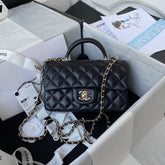 CHANEL 25S MINI FLAP BAG WITH TOP HANDLE 20 IN BLACK CALFSKIN GOLD HARDWARE