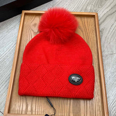 BEANIE HAT IN CHERRY RED WOOL AND RABBIT FUR 346718