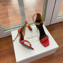 BALMAIN 25S UMA HEELED SANDALS 105MM IN RED SUEDE GOLD HARDWARE