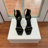 BALMAIN 25S UMA HEELED SANDALS 105MM IN BLACK SUEDE GOLD HARDWARE