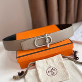 HM ITHAQUE BELT SILVER BUCKLE & REVERSIBLE CAMEL BROWN AND BLACK LEATHER STRAP 38MM