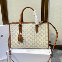 CELINE 25S HORIZONTAL CABAS 34MM IN WHITE TRIOMPHE CANVAS AND BROWN CALFSKIN