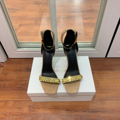 BALMAIN 25S METAL STRAP HIGH HEELS 95MM IN LIGHT BROWN SUEDE GOLD HARDWARE