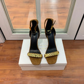 BALMAIN 25S METAL STRAP HIGH HEELS 95MM IN BROWN SUEDE GOLD HARDWARE