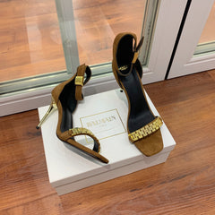 BALMAIN 25S METAL STRAP HIGH HEELS 95MM IN BROWN SUEDE GOLD HARDWARE