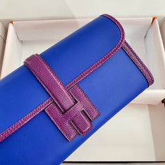 JIGE ELAN 29 CLUTCH IN COBALT BLUE CALFSKIN WITH VIOLET PURPLE LIZARD SKIN