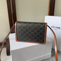 CELINE 25S WALLET MARGO 22MM IN BLACK TRIOMPHE CANVAS AND BROWN CALFSKIN
