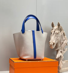 HERMES 25S PICOTIN LOCK 18 IN PEARL GRAY AND ELECTRIC BLUE CALFSKIN SILVER HARDWARE