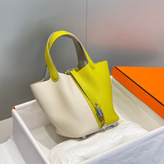 HERMES 25S PICOTIN LOCK 18 IN WHITE AND LEMON YELLOW CALFSKIN SILVER HARDWARE