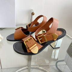 CHLOÉ REBECCA LOW HEELED SANDAL IN CINNAMON BROWN LAMBSKIN GOLD HARDWARE