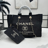 CC DEAUVILLE LARGE 38 TOTE BAG IN DARK NAVY CANVAS WITH WHITE LOGO EMBROIDERED