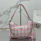 CROCHET HOBO BAG 22 IN PINK MIX WHITE RAFFIA SILVER HARDWARE