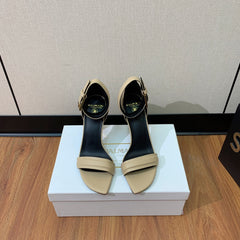 BALMAIN 25S SQUARE STRAP HIGH HEELS 100MM IN BEIGE GRAY CALFSKIN
