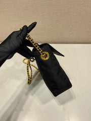 LARGE QUILTED FLAP BAG 23 IN BLACK RE-NYLON FABRIC GOLD CHAIN