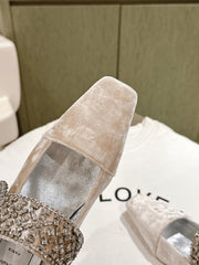 MARY JANES IN BEIGE VELVET WITH CRYSTAL EMBELLISHED STRAP