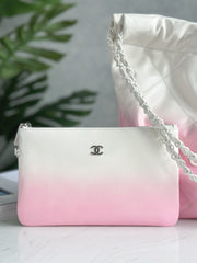 CHANEL 22 BAG 25S 37 CM IN PASTEL PINK MIX WHITE LAMBSKIN WITH WHITE HARDWARE