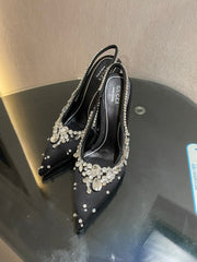 GG HIGH SLINGBACK 105 IN BLACK SATIN WITH CRYSTAL DIAMONDS