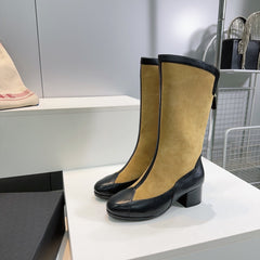 CHANEL SHORT BOOTS 25S 45 MM IN DARK BEIGE SUEDE AND BLACK LAMBSKIN