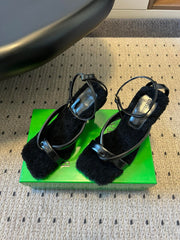 BOTTEGA VENETA 26S SQUARE-TOE HIGH-HEEL SANDALS 90 MM IN BLACK LAMBSKIN AND WOOL