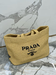Prada 40 Cm Raffia Crochet Neutral Straw Tote Bag