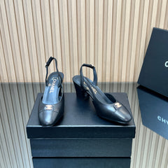 CHANEL 25S SLINGBACK SHOE LOGO 65MM IN BLACK CALFSKIN GOLD HARDWRE