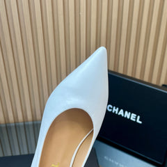 CHANEL 25S POINTED-TOE MARY JANE SHOES IN WHITE CALFSKIN