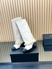 CHANEL 25S HIGH BOOTS 65MM IN WHITE CALFSKIN GOLD HARDWRE