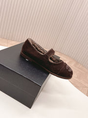 CHANEL FLAT MARY JANE SHOES 25S IN DARK BROWN VELVET