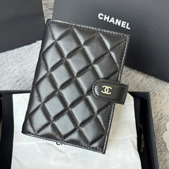 CHANEL 25S MULTI PURPOSE PASSPORT WALLET 15 IN BLACK LAMBSKIN SILVER HARDWARE