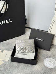CHANEL 25S CARD HOLDER 11 IN SILVER LAMBSKIN GOLD HARDWARE