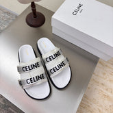 CELINE 25S FLAT SANDALS ARC DE TRIOMPHE IN WHITE CALFSKIN AND CANVAS