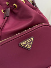 PRADA 25S DUET BUCKET BAG 23 IN BURGUNDY RE-NYLON GOLD HARDWARE