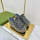 GG WEDGE SLIDES 110 IN GREY FABRIC WITH GOLD HARDWARE