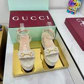 GG WEDGE HEELS IN STONE BEIGE FABRIC AND CALFSKIN WITH GOLD HARDWARE STYLE 5