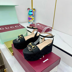 GG WEDGE HEELS IN BLACK FABRIC AND CALFSKIN WITH GOLD HARDWARE STYLE 1