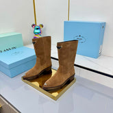 PRADA 25S POINTED TOE HIGH BOOTS 50MM IN DARK BROWN SUEDE WITH LOGO