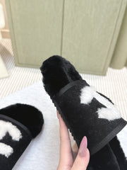 CHANEL 25S FUR SLIPPERS DOUBLE-LAYERED IN BLACK WITH WHITE CC LOGO