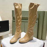 CHANEL 25S KNEE-HIGH BOOTS 60MM IN BEIGE PATENT CALFSKIN WEDGE HEELS