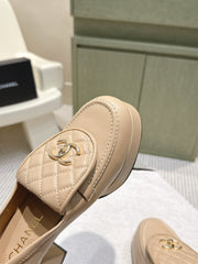 CHANEL 25S HIGH-HEELED MOCCASINS 80MM IN LIGHT TAN CALFSKIN GOLD HARDWARE