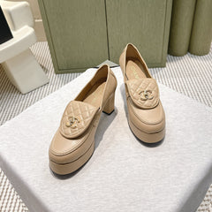 CHANEL 25S HIGH-HEELED MOCCASINS 80MM IN LIGHT TAN CALFSKIN GOLD HARDWARE