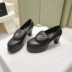 CHANEL 25S HIGH-HEELED MOCCASINS 80MM IN BLACK CALFSKIN GOLD HARDWARE