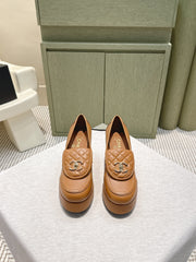 CHANEL 25S HIGH-HEELED MOCCASINS 80MM IN CARAMEL CALFSKIN GOLD HARDWARE