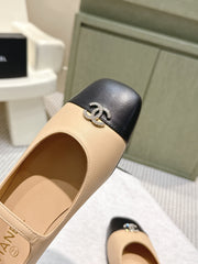 CHANEL 25S MARY JANE FLATS IN BEIGE LAMBSKIN WITH BLACK CAP TOE SILVER HARDWARE