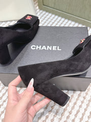 CHANEL 25S SLINGBACK SHOES 90MM IN BLACK SUEDE SQUARE TOE PINK HARDWARE
