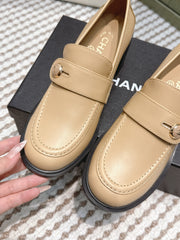 CHANEL 25S GODDESS MOCCASIN LOAFERS 65MM IN WARM BEIGE CALFSKIN GOLD HARDWARE