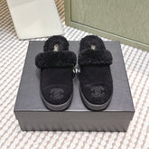 CHANEL 25S INDOOR SLIPPERS IN BLACK SUEDE FUR-LINED